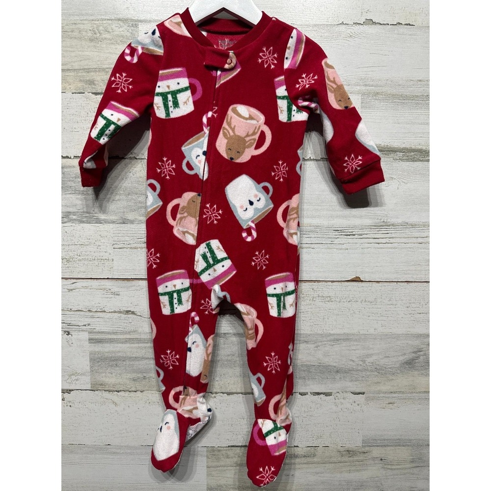Carters Footed Pajamas Girls 12M Red Fleece Hot Cocoa Winter Holiday EUC